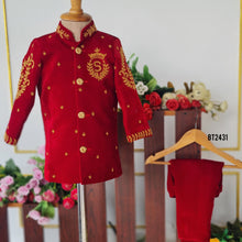 Load image into Gallery viewer, Royal Red Boys Party Wear Blazer Set with Golden Embroidery – Wedding &amp; Birthday Outfit
