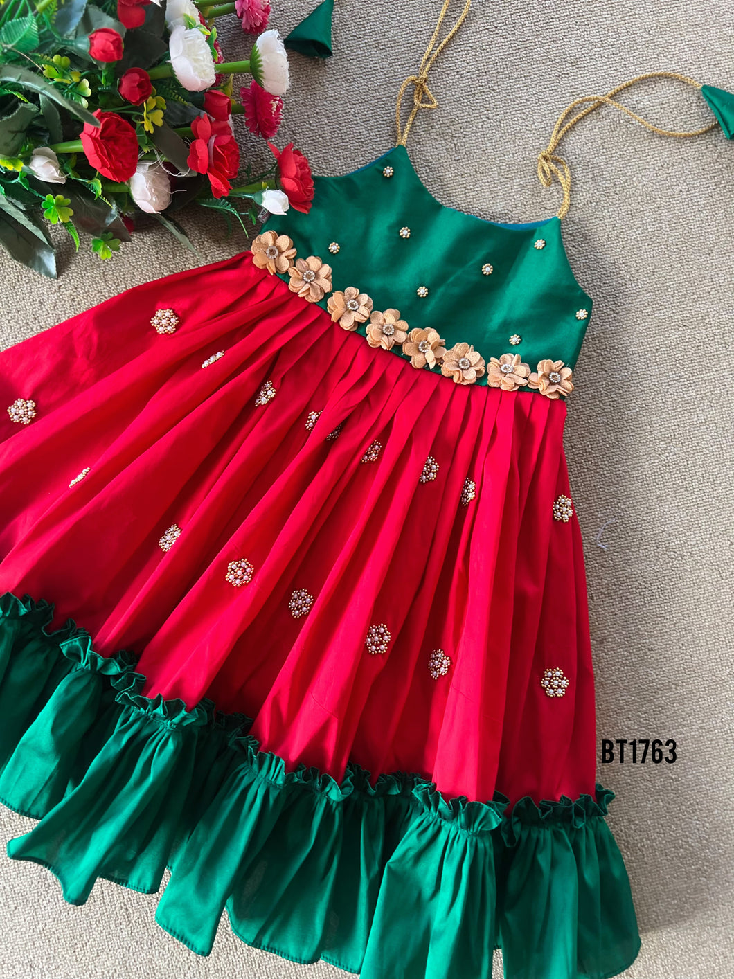 BT1763 Emerald and Ruby Floral Gala Ethnic Party Dress