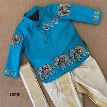 Load image into Gallery viewer, BT2448 Designer Baby Boy Blue Dhoti Set with Elephant Hand Embroidery
