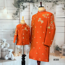 Load image into Gallery viewer, BT2511 Royal Orange Father Son Sherwani Combo – Golden Horse Embroidery
