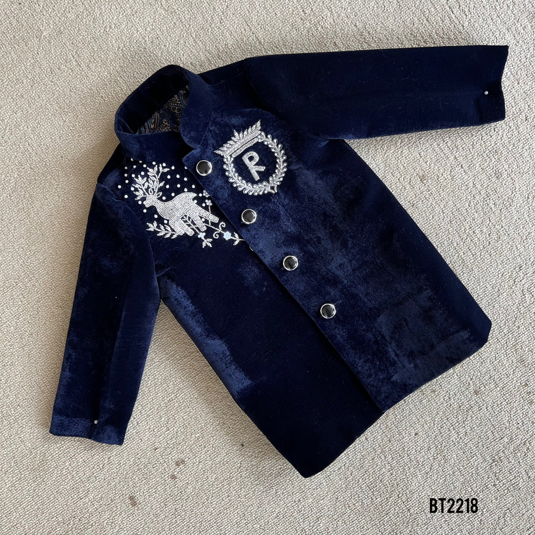 BT2218 Navy Velvet Stylish Boys Party Wear Jodhpuri with  Deer Embroidery 🦌✨