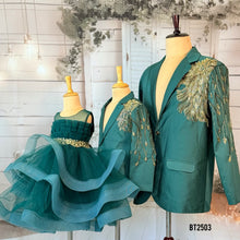 Load image into Gallery viewer, BT2503 Emerald Green Family Combo Outfit | Dad, Mom &amp; Baby Matching Party Wear Set
