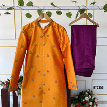 Load image into Gallery viewer, BT2355 Father-Son Twinning Orange Kurta with Purple Pajama Set – Festive Family Outfit

