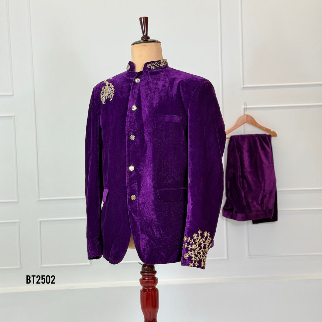 BT2502 Royal Purple Velvet Embroidered Blazer Set for Dad | Luxury Party & Wedding Outfit