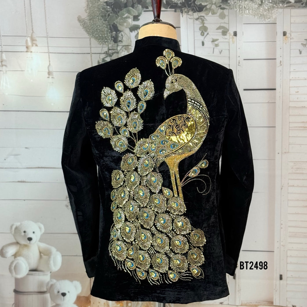 BT2498 Black Velvet Peacock Embroidered Dad Blazer | Royal Luxury Party & Wedding Outfit
