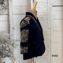 Load image into Gallery viewer, BT2532 Navy Blue Designer Baby Boy Velvet Party Blazer with Golden Hand Embroidery
