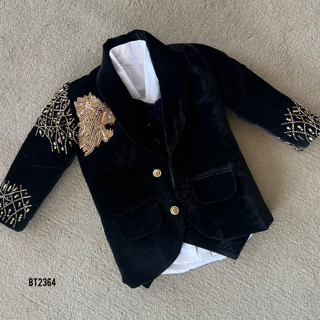 BT2364 Black Velvet Lion Embroidered Blazer for Boys – Royal Party Wear Outfit