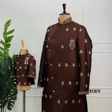 Load image into Gallery viewer, BT2675 Royal Chocolate Brown Embroidered Indo Western Sherwani for Dad Son

