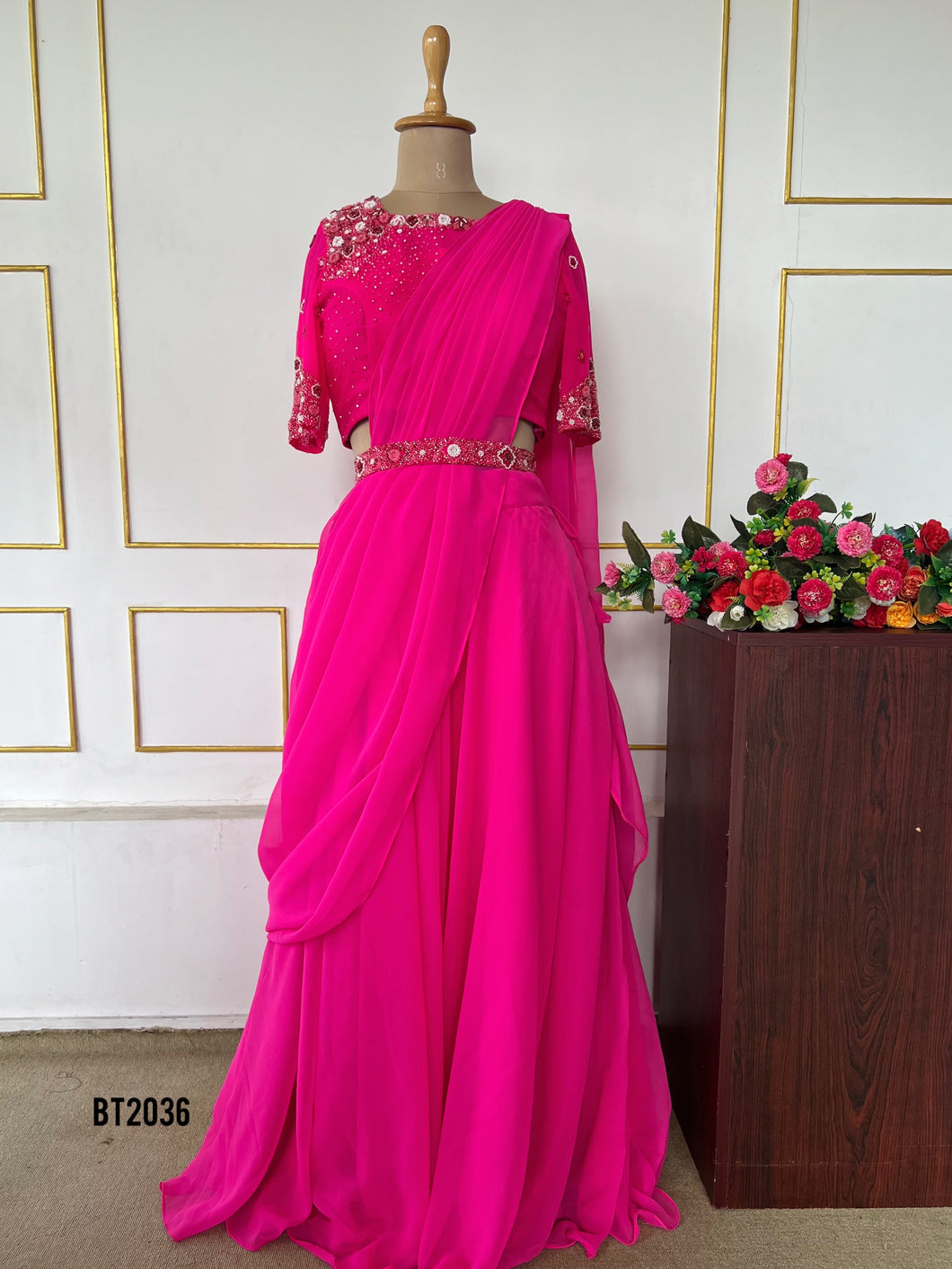BT2036 Glamorous Fuchsia Saree Gown for Moms 💖✨