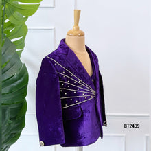 Load image into Gallery viewer, BT2439 Designer Baby Boy Royal Purple Velvet Blazer Set with Stone Embellishments
