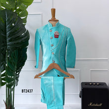 Load image into Gallery viewer, BT2437 Designer Baby Boy Aqua Blue Blazer Set with Diamond Button Detailing
