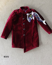 Load image into Gallery viewer, BT2173 Velvet Maroon Masterpiece Boys Party Wear Jodhpuri Suit with Artistic Shark Flair 🎨✨
