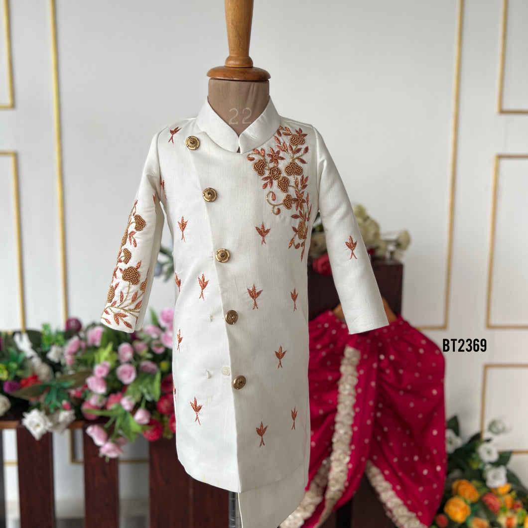 BT2369 Ivory Boys Embroidered Sherwani with Red Dhoti – Wedding & Party Wear Outfit