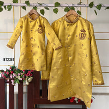 Load image into Gallery viewer, BT2361 Family Twinning Yellow Kurta &amp; Red Dhoti Set – Dad &amp; Son Combo Outfit
