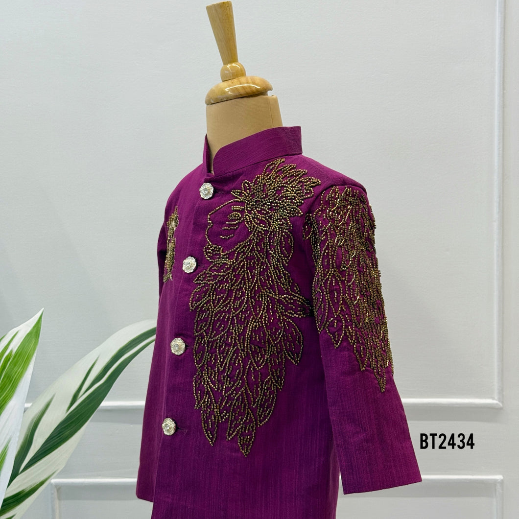 BT2434 Designer Baby Boy Magenta Blazer Set with Royal Hand Embroidery