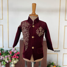Load image into Gallery viewer, BT2377 Maroon Velvet Baby Boy Blazer with Golden Embroidery – Royal Party Wear Outfit
