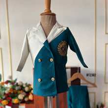 Load image into Gallery viewer, BT2382 Teal &amp; White Boys Party Wear Blazer with Golden Crest – Premium Birthday &amp; Wedding Outfit
