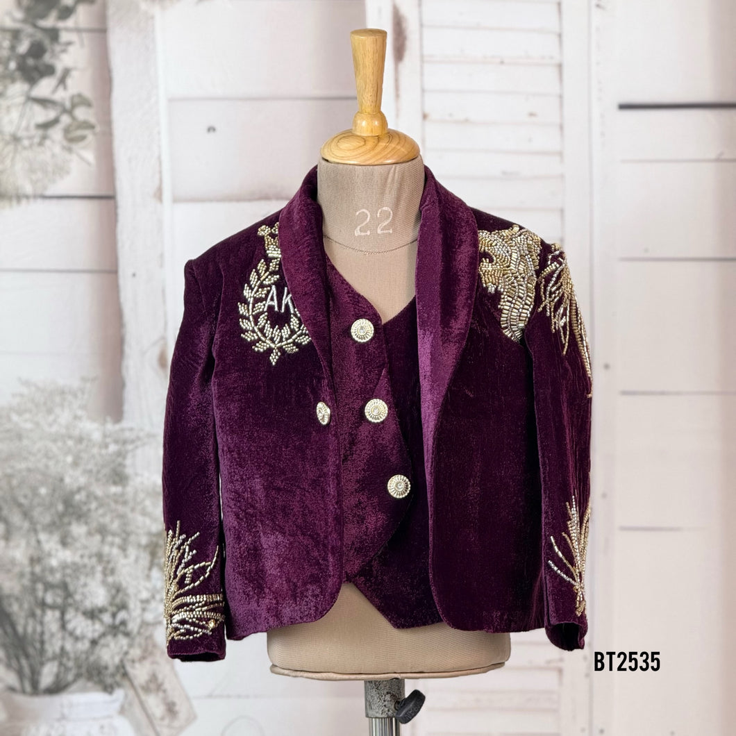 BT2535 Maroon Velvet Baby Boy Blazer Set with Gold Embroidery | Premium Party Wear for Kid