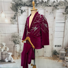 Load image into Gallery viewer, BT2623 Maroon Velvet Baby Boy Blazer with Crystal Handwork | Luxury Party Wear Jacket for Boys | Birthday Wedding Reception Outfit
