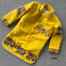 Load image into Gallery viewer, BT2403 Yellow Boys Kurta with Elephant Embroidery &amp; Golden Dhoti – Traditional Festive &amp; Wedding Outfit
