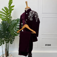 Load image into Gallery viewer, BT2649 Royal Wine Velvet Embroidered Indo Western Sherwani for Baby Boy
