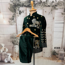 Load image into Gallery viewer, BT2619 Dark Green Velvet Baby Boy Indo Western with Animal Theme Handwork | Luxury Birthday Wedding Party Wear Dress for Boys
