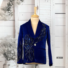 Load image into Gallery viewer, BT2530 Royal Blue Designer Baby Boy Velvet Party Blazer with Black Sequin Detailing
