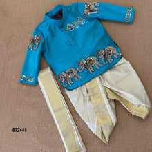 Load image into Gallery viewer, BT2448 Designer Baby Boy Blue Dhoti Set with Elephant Hand Embroidery
