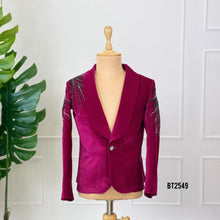 Load image into Gallery viewer, BT2549 Magenta Velvet Embellished Party Blazer
