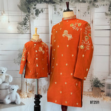 Load image into Gallery viewer, BT2511 Royal Orange Father Son Sherwani Combo – Golden Horse Embroidery

