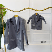 Load image into Gallery viewer, BT2453 Designer Baby Boy Grey Velvet Blazer with Black Hand Embroidery
