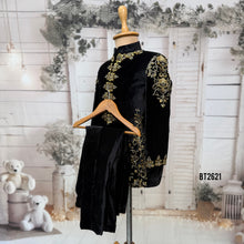 Load image into Gallery viewer, BT2621 Black Velvet Baby Boy Indo Western with Gold Hand Embroidery | Royal Wedding Birthday Party Wear Dress for Boys
