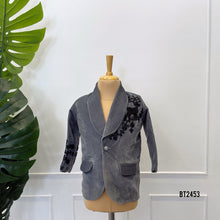 Load image into Gallery viewer, BT2453 Designer Baby Boy Grey Velvet Blazer with Black Hand Embroidery
