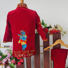 Load image into Gallery viewer, Royal Red Boys Party Wear Blazer Set with Golden Embroidery – Wedding &amp; Birthday Outfit
