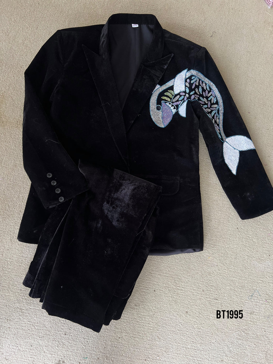 BT1995 Shark-Themed Velvet Boys Party Wear Suit for Bold Little Gentlemen