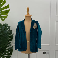 Load image into Gallery viewer, BT2688 Teal Blue Velvet Designer Baby Boy Party Wear Blazer
