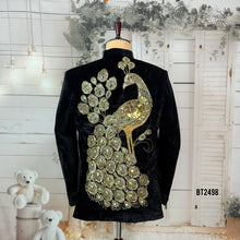 Load image into Gallery viewer, BT2498 Black Velvet Peacock Embroidered Dad Blazer | Royal Luxury Party &amp; Wedding Outfit
