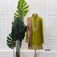 Load image into Gallery viewer, BT2444 Designer Baby Boy Green Kurta Set with Golden Embroidery and Dupatta
