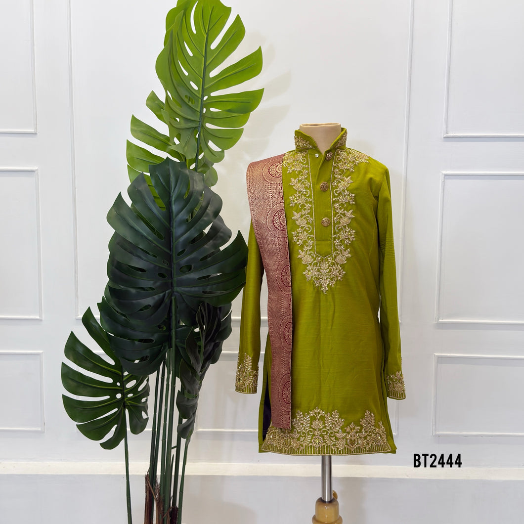 BT2444 Designer Baby Boy Green Kurta Set with Golden Embroidery and Dupatta