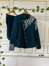 Load image into Gallery viewer, BT1968 🌿 Teal Floral Embroidered Party Wear Jacket Set for Little Boys 🌟
