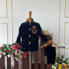 Load image into Gallery viewer, BT2368 Navy Blue Velvet Boys Sherwani with Golden Royal Crest Embroidery – Kids Party &amp; Wedding Wear
