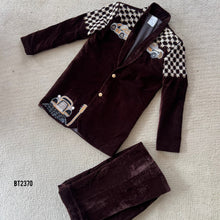 Load image into Gallery viewer, BT2370 Maroon Velvet Boys Party Blazer with Vintage Car Embroidery – Luxury Kidswear Set
