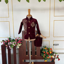 Load image into Gallery viewer, BT2377 Maroon Velvet Baby Boy Blazer with Golden Embroidery – Royal Party Wear Outfit
