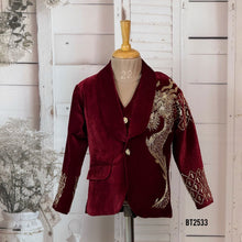 Load image into Gallery viewer, BT2533 Maroon Velvet Baby Boy Blazer with Gold Dragon Embroidery | Premium Birthday &amp; Wedding Outfit
