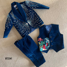 Load image into Gallery viewer, BT2341 Royal Navy Blue 3pc Baby Boy Party Wear Set with Embroidery – Jacket, Waistcoat &amp; Pant ✨
