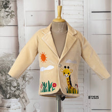 Load image into Gallery viewer, BT2525 Cream Designer Baby Boy Velvet Blazer with Giraffe Theme Embroidery
