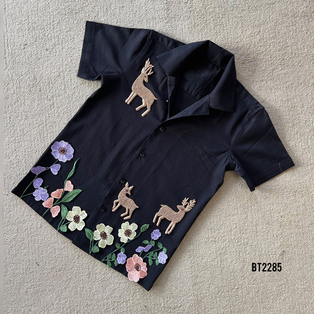 BT2285 🌿 Enchanted Forest Embroidered Shirt – A Magical Look for Little Explorers! 🦌✨