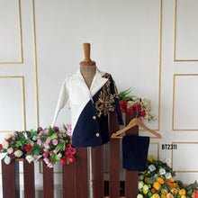 Load image into Gallery viewer, BT2311 White &amp; Navy Blue Boys Embroidered Blazer with Golden Detailing – Premium Party &amp; Wedding Outfit
