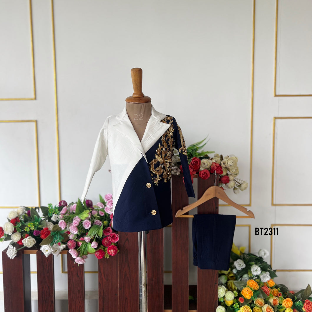 BT2311 White & Navy Blue Boys Embroidered Blazer with Golden Detailing – Premium Party & Wedding Outfit