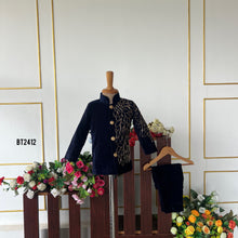 Load image into Gallery viewer, BT2412 Navy Blue Velvet Boys Sherwani with Golden Embroidery – Premium Wedding &amp; Party Wear Outfit
